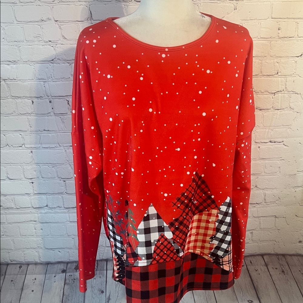 Red Plaid Christmas 🎄 Long Sleeve Top. Like new! Scoop neck.